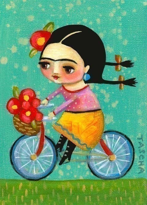 FRIDA KAHLO on her red bicycle PRINT of tascha painting 7x5