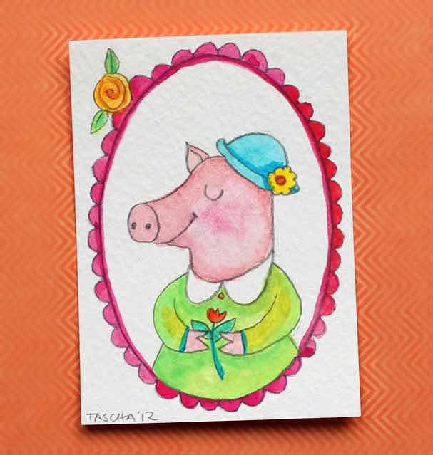 ORIGINAL ACEO watercolor pig painting Judith original art by tascha