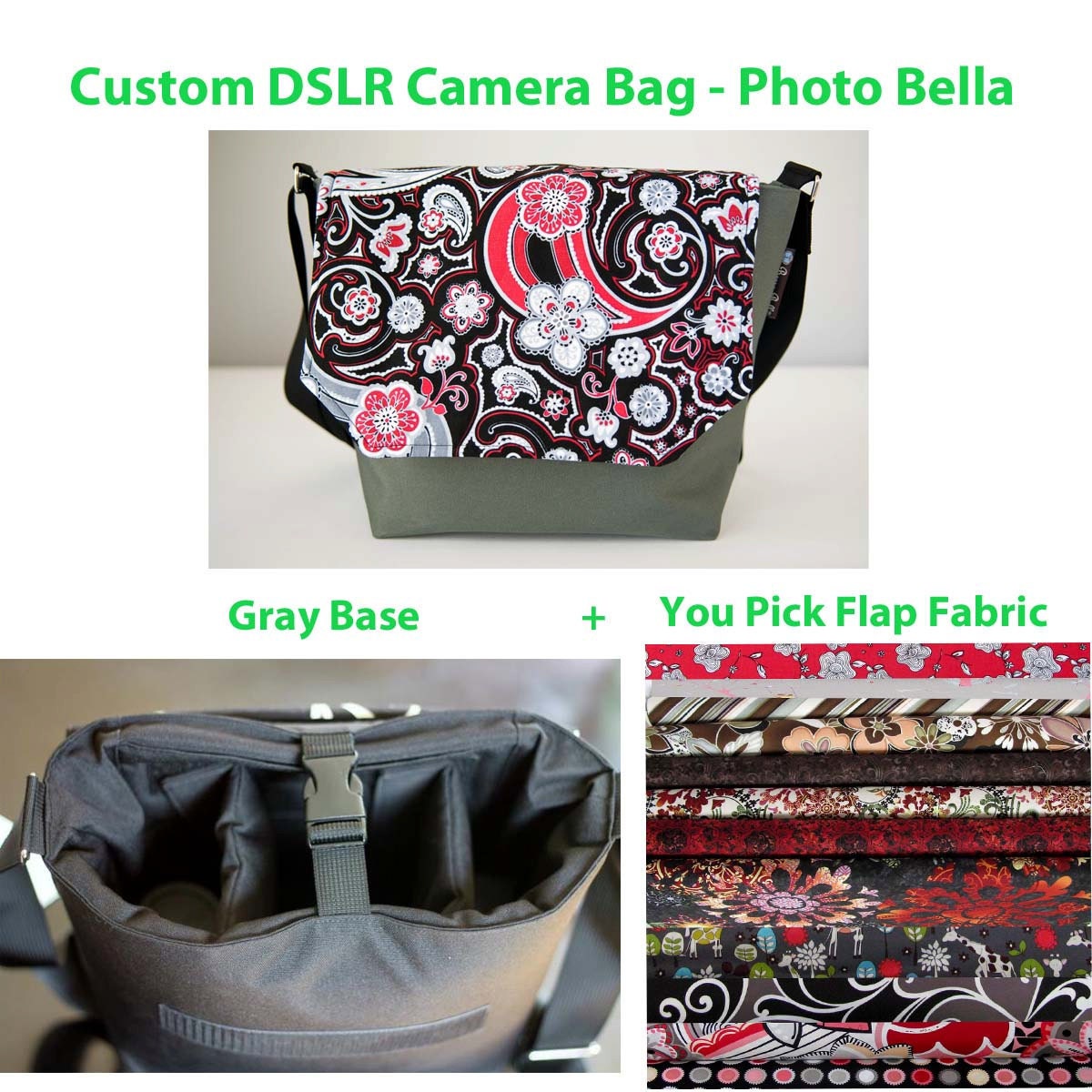 DSLR Camera Bag - CUSTOM - Digital SLR Bag Purse - Photo Bella You pick the Flap Color with Gray Base