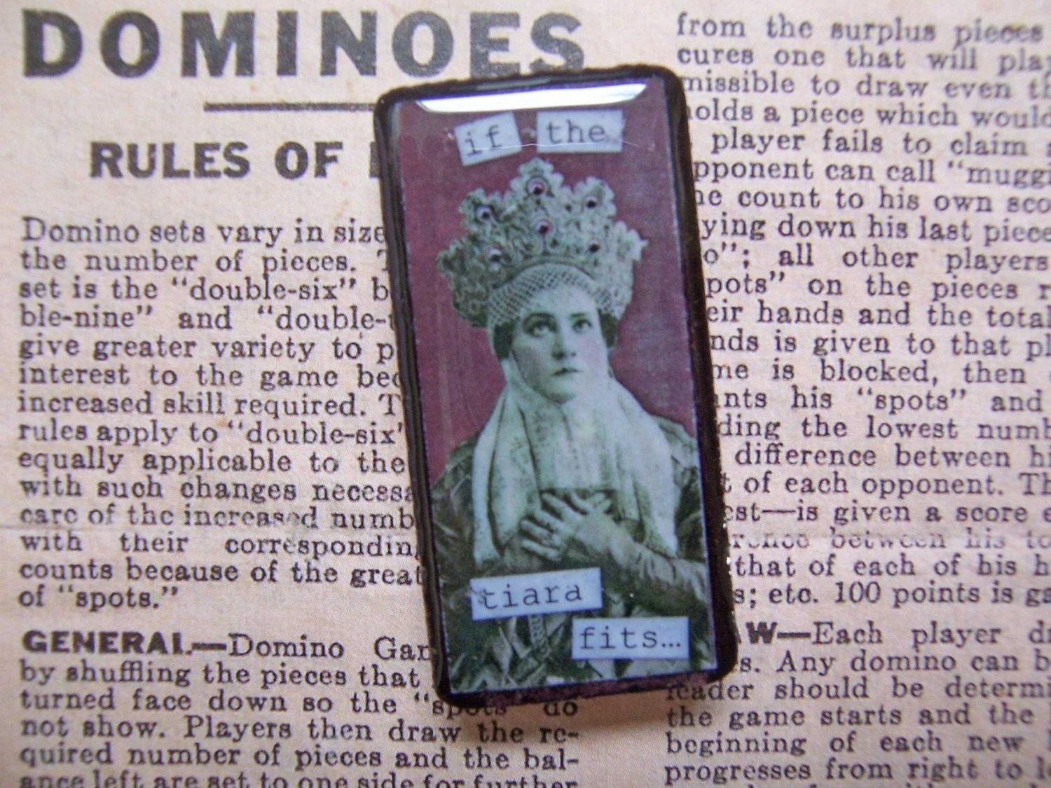 Altered Domino Pin Brooch - If The Tiara Fits... - Fun and Funky Recycled Goodness