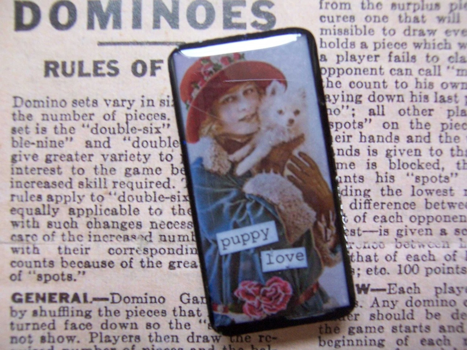 Altered Domino Pin Brooch - Puppy Love - Fun and Funky Recycled Goodness