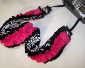 PreOrder camera strap padded includes lens cap pkt w/ruffles rosettes pink-black-damask- SNUGGLENS