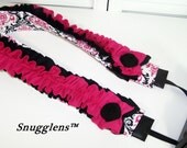Cute DSLR camera strap padded ruffles rosettes Candy pink-black-damask SNUGGLENS