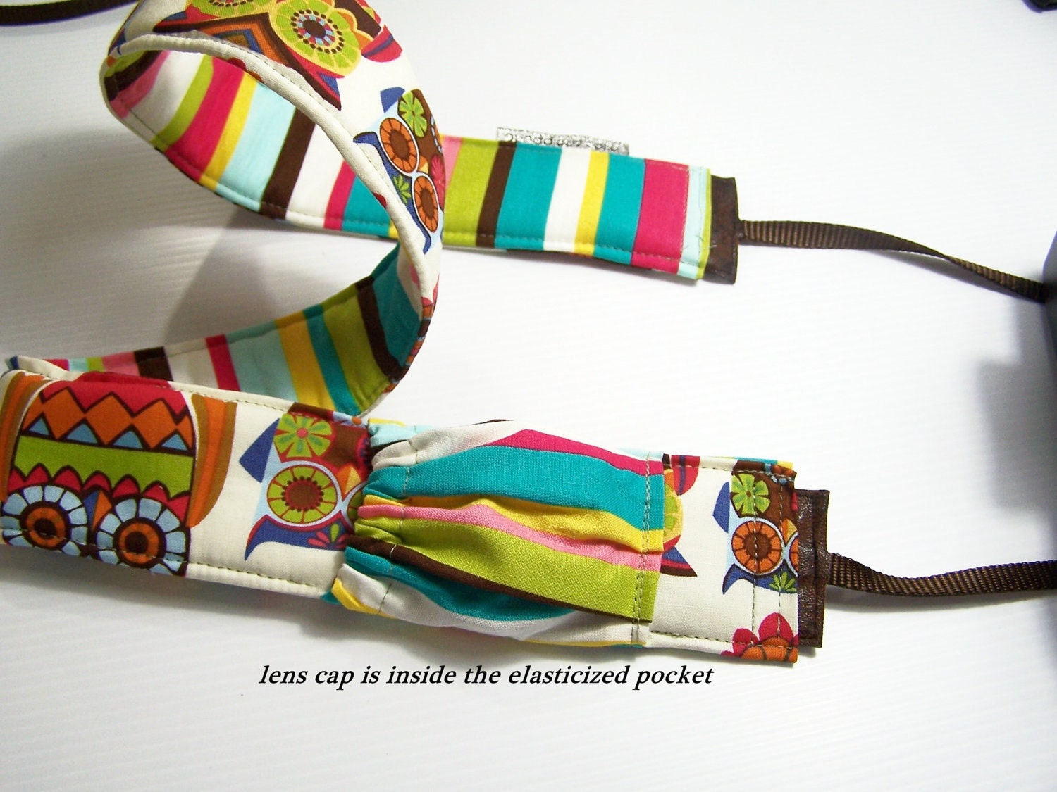 PreOrder camera strap padded jeweled owls-stripe-- WITH lens cap pocket--Snugglens- New