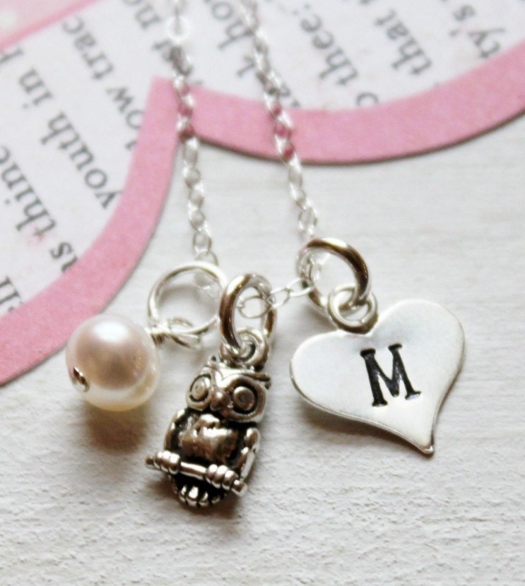 Girls Necklace Girls Personalized Jewelry.. Whooo Loves You .....Owl Heart and Pearl Necklace Sterling Silver Children's jewelry