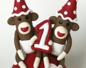 Twin Birthday Sock Monkey Cake Topper w Polka Dots