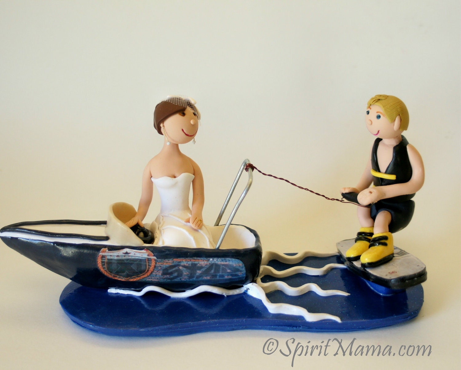 Custom Wedding Cake Topper Bride and Groom Boat and Wakeboarding or Skiing Wake Board