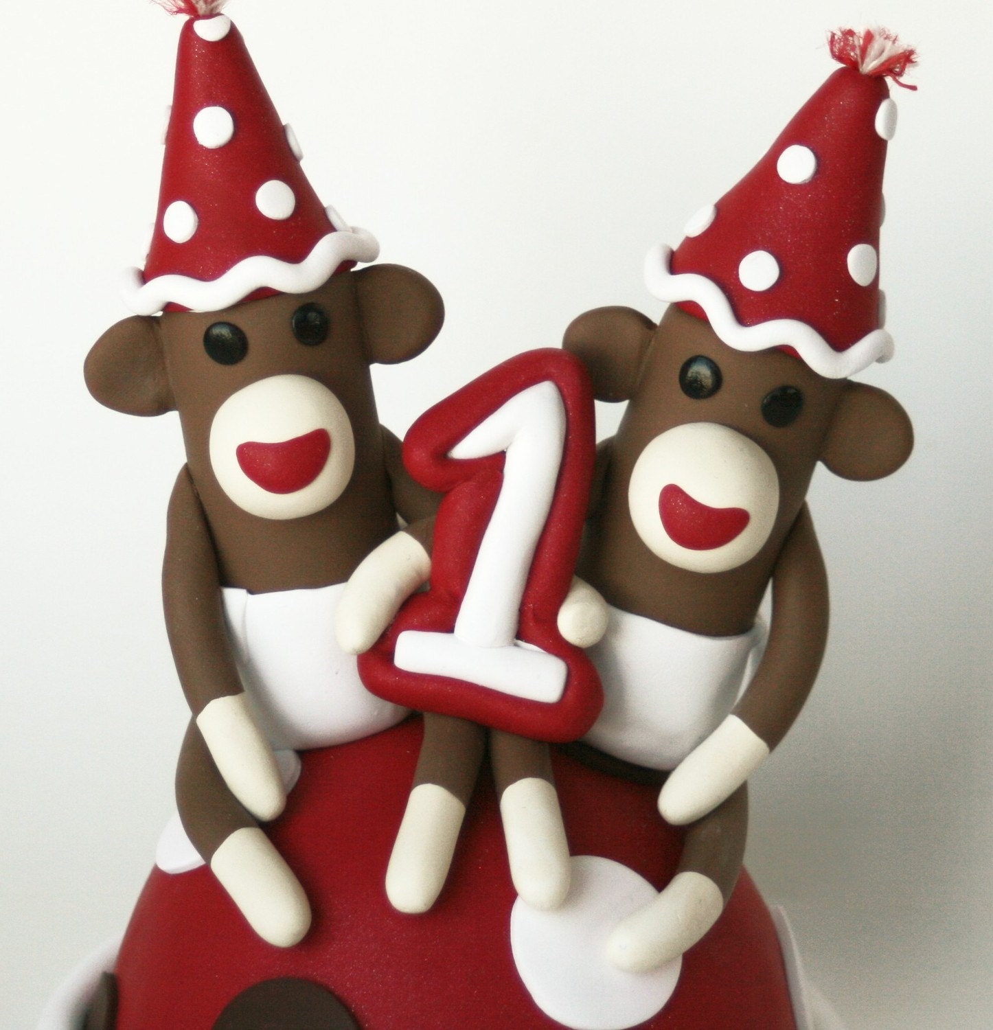 Twin Birthday Sock Monkey Cake Topper w Polka Dots