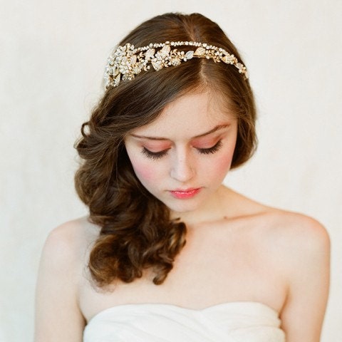 Bridal crystal, pearl and bead headband - Double band golden tiara - gold or silver - Style 147 - Made to Order - Best Seller