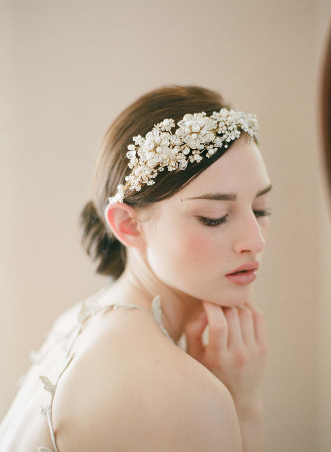 Bridal headpiece, tiara, headband - Golden flower and rhinestone headpiece - Style 240 - Made to Order