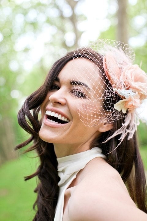Bridal mini hat with birdcage veil and handmade silk flowers, feathers - Peachy Vintage - Made to Order