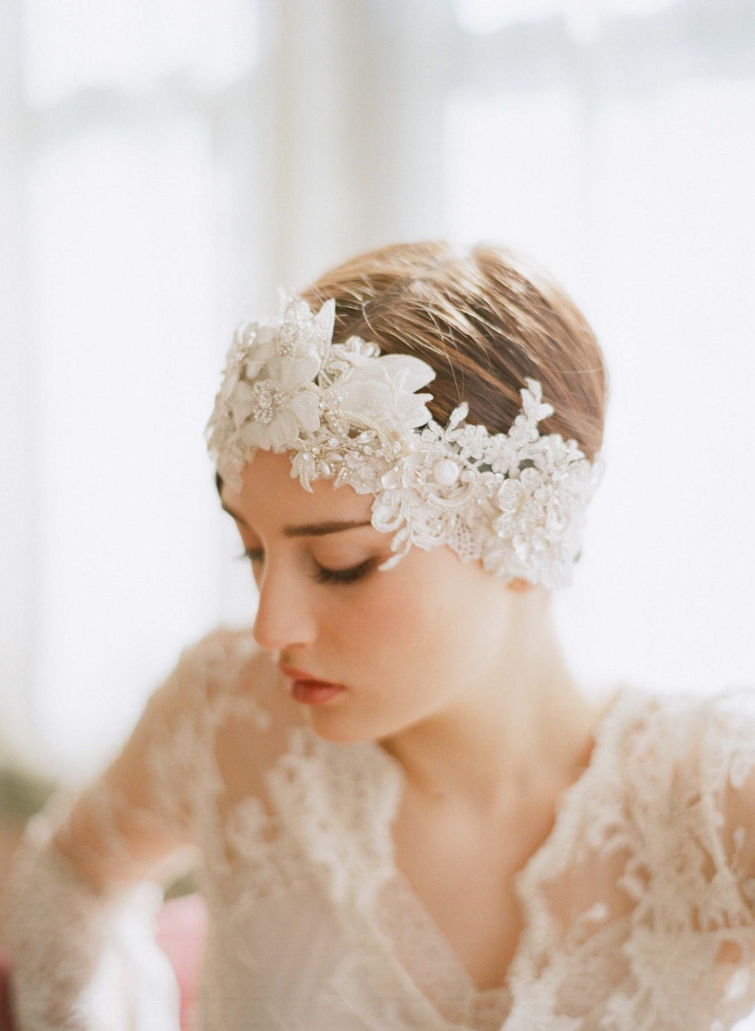 Bridal headpiece, lace and crystal headband - Oversized rhinestone and lace headpiece - Style 247 - Made to Order