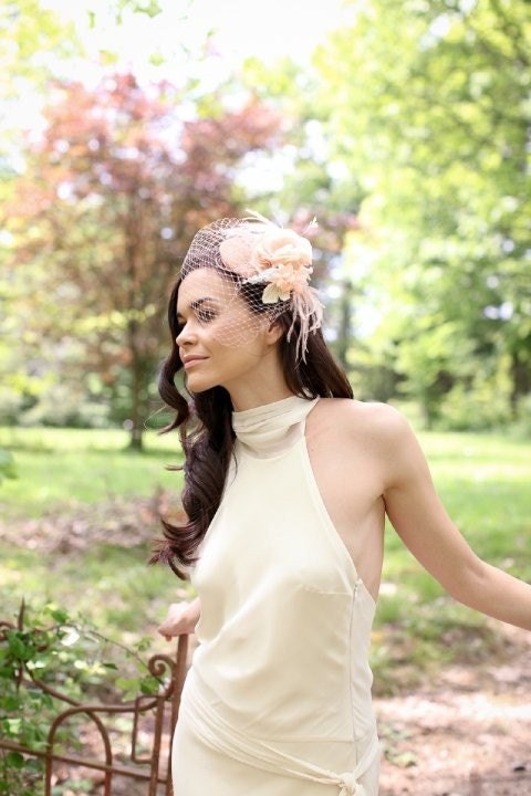 Bridal mini hat with birdcage veil and handmade silk flowers, feathers - Peachy Vintage - Made to Order