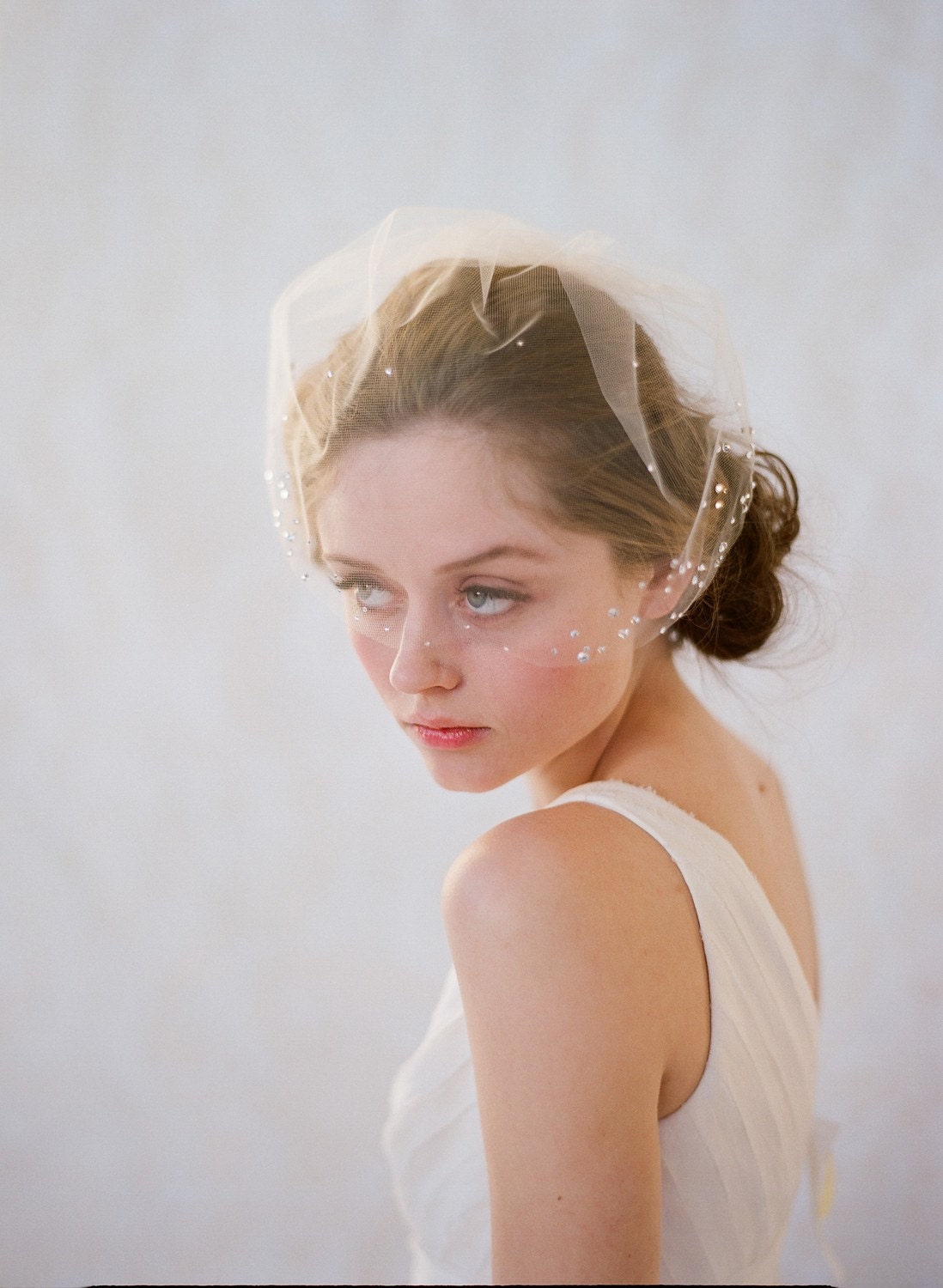 Bridal mini veil with rhinestones - Rhinestone adorned mini tulle veil - Style 145 - Ready to Ship - Best Seller