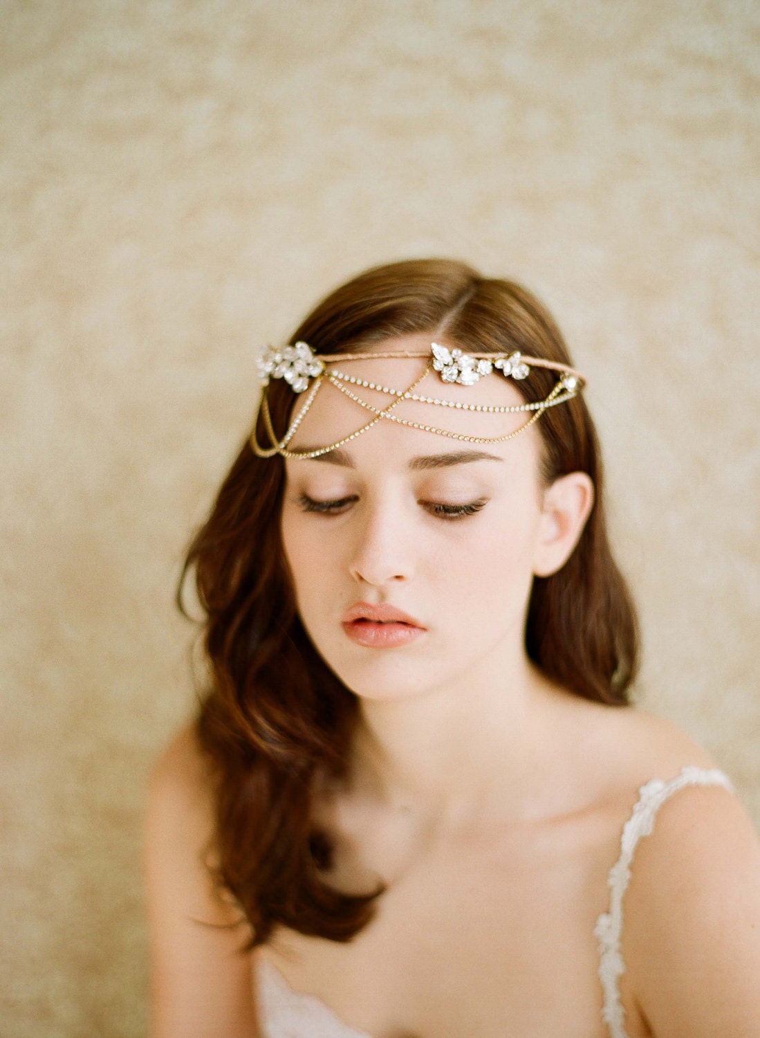 Bridal halo, tiara, headband with rhinestones - Golden whimsy crown with swags - Style 237 Made to Order