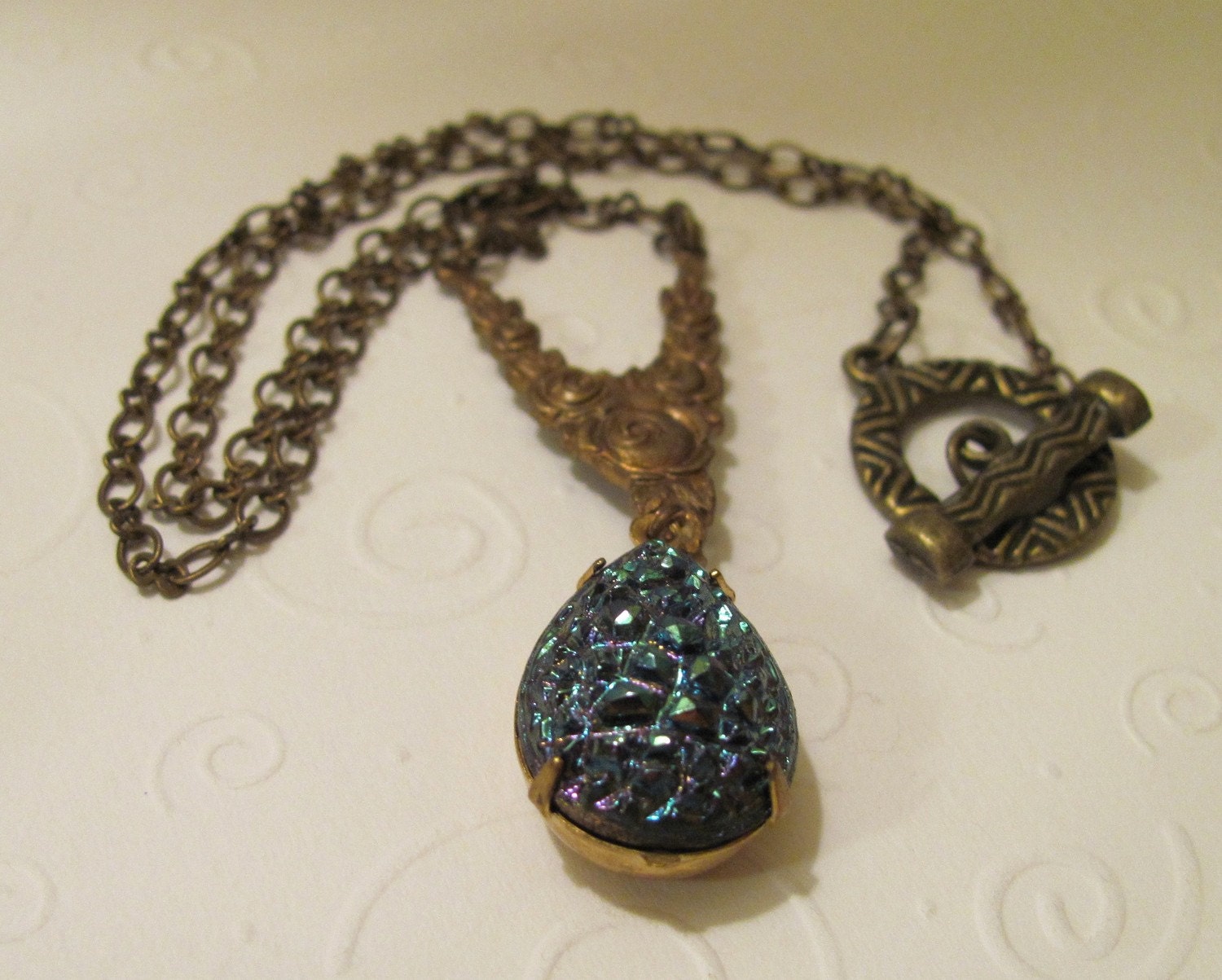 Vintage Brass Floral and Blue Crystal Pendant with Brass Chain Necklace