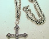 Extra Long Necklace Silver and Black Chain with Cross
