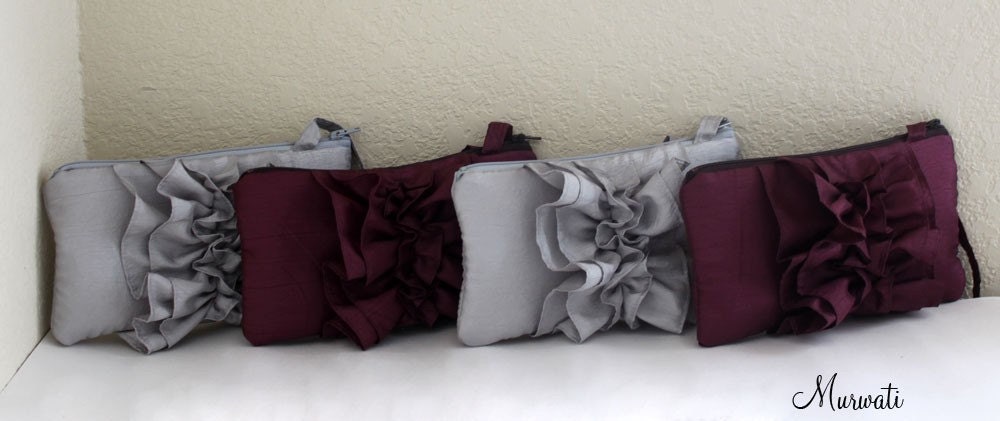 Bridal Clutch-SET OF 4 Fairy Tale Ruffle Wristlets -Gray Silver Black Gold Burnt Orange Navy Blue Red Purple and More