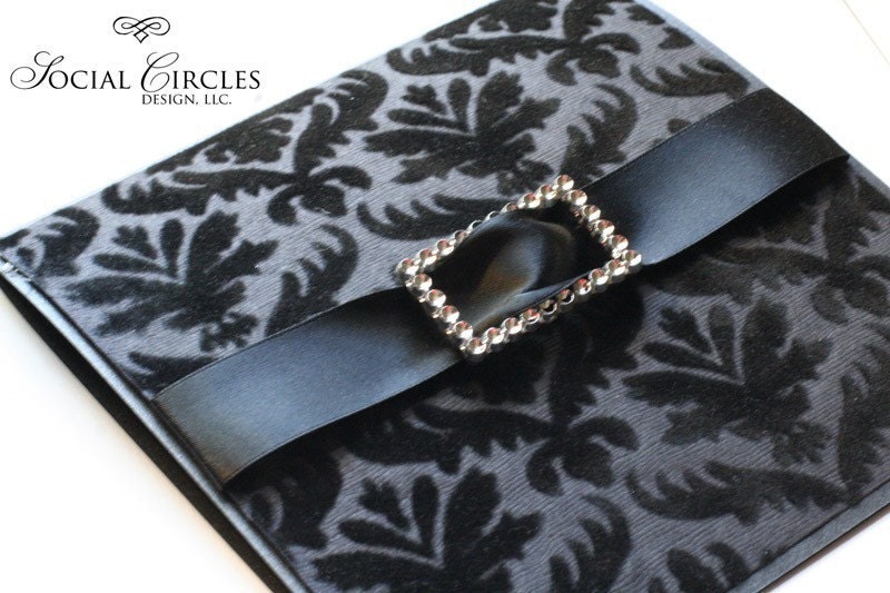 Luxe Black Flocked Damask Invitation Set with Buckle