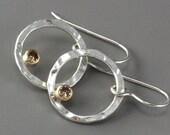 Hammered Earrings - Small Hoops - Silver Earrings - Diamond Earrings - Circle Earrings - Champagne Diamonds - 14k Gold - Made to Order