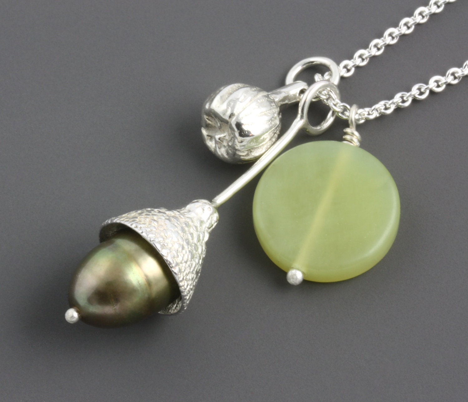 Botanical Charm Necklace - Silver Twig Pendant - Jade Disc - Green Pearl - Acorn Cap - Natural Organic - Long Necklace - Made to Order