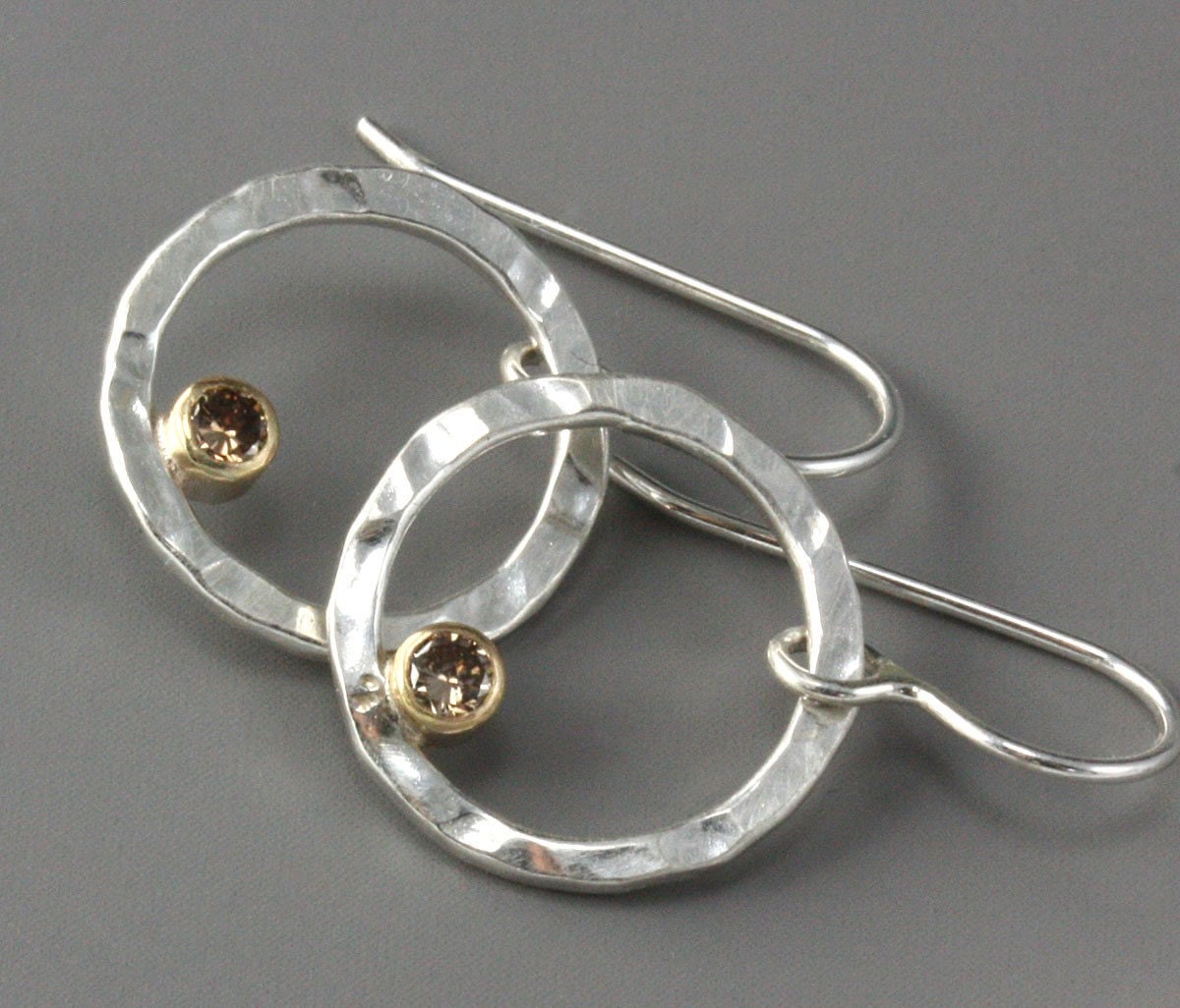 Hammered Earrings - Small Hoops - Silver Earrings - Diamond Earrings - Circle Earrings - Champagne Diamonds - 14k Gold - Made to Order