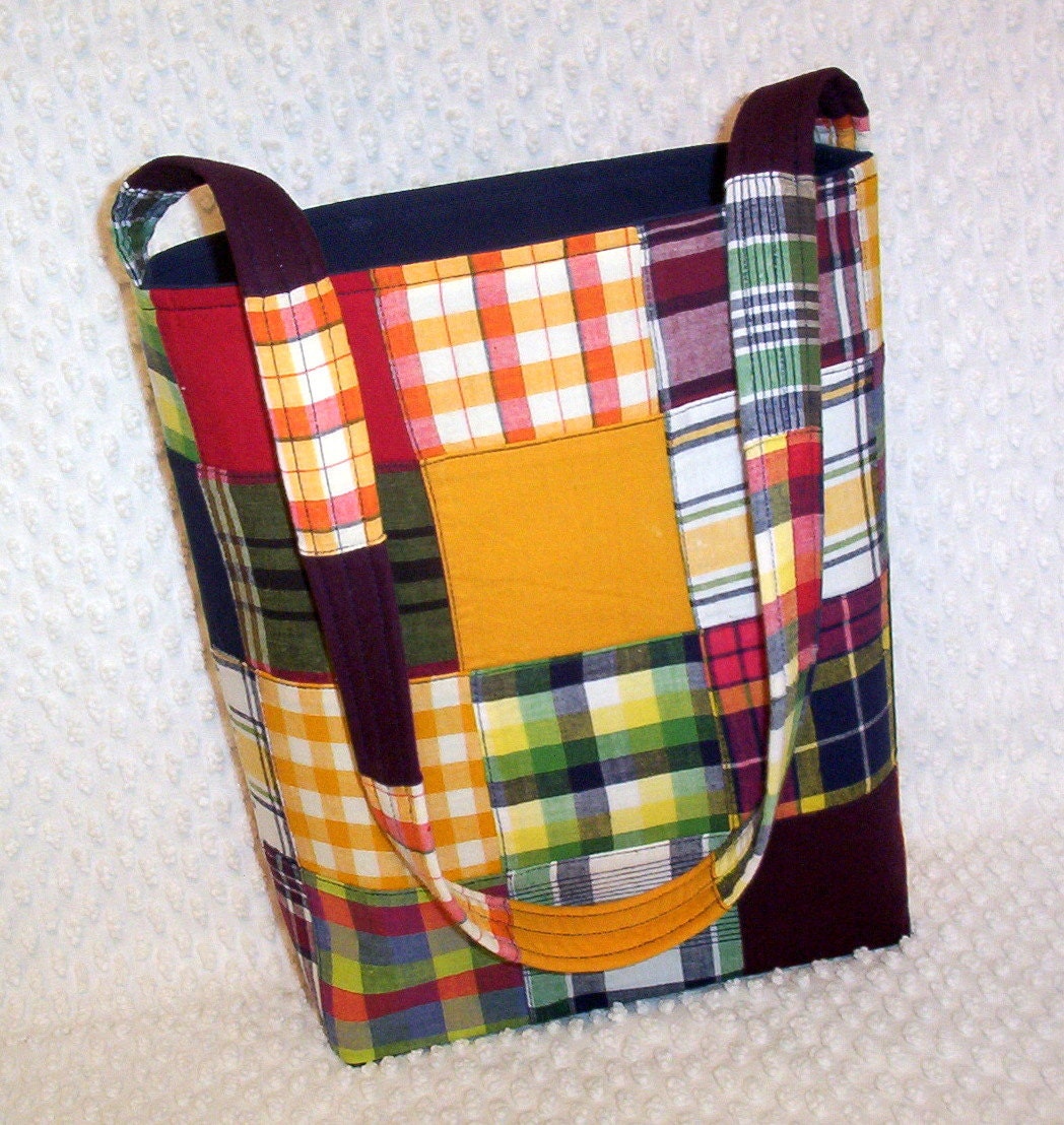 Madras Plaid Bag Patchwork Sling Purse Hobo Bag Nautical Navy Blue, Red and Yellow Patchwork Shoulder Bag
