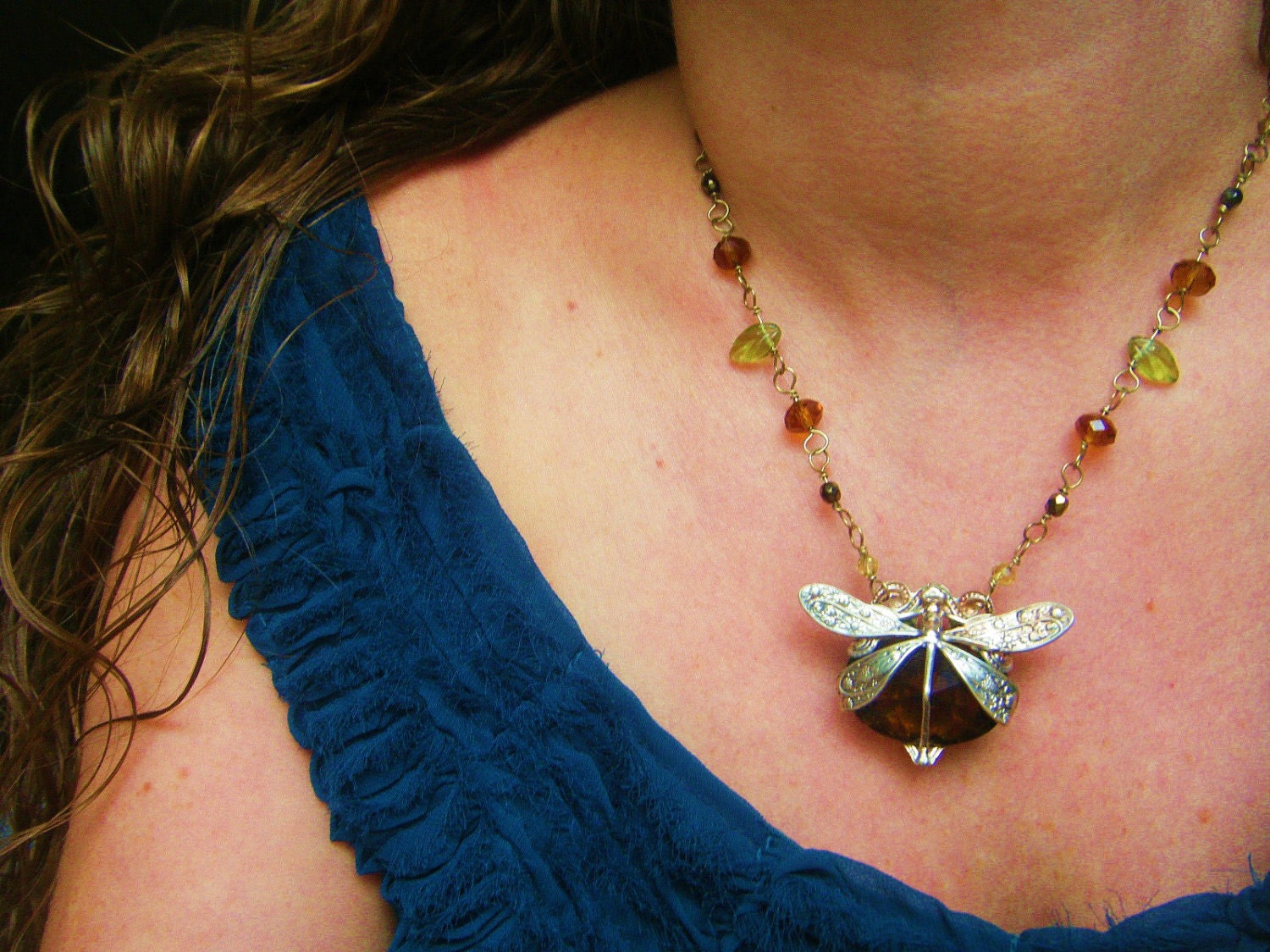 The Cognac Dragonfly Necklace-Harvest Pattern Art Nouveau with Mysterious Warm Honey Amber Colored Clear Glass Stone