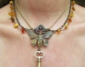 Steampunk Amber Honey Bee Skeleton Key Necklace - brass handmade art nouveau pendant worldwide free shipping