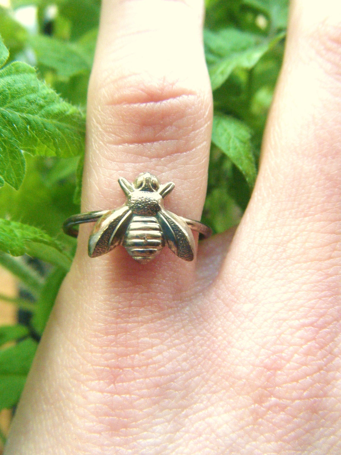Brass Tiny Cute Honey Bumble Bee Ring on Antiqued Brass Band, Art Nouveau, Tattoo, Steampunk