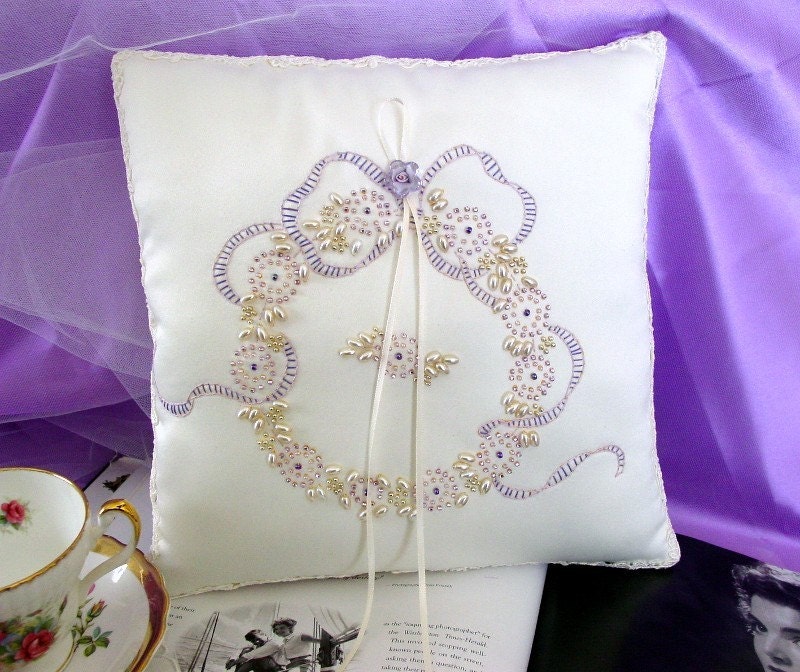 Beaded Keepsake Wedding Wreath Ring Pillow Lavender Lilac-Greening With Luxury