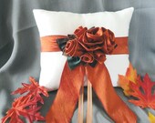 Ivory-Burnt Orange Roses Ring Pillow-Duchesse Satin-Silk Dupioni Roses-