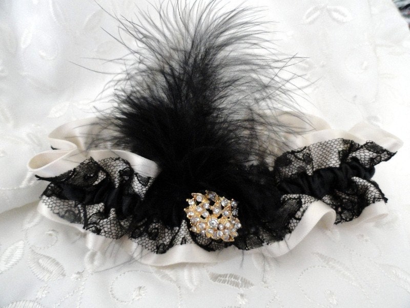 Ivory Satin and Black Edwardian Era Antique Lace Garter-OOAK