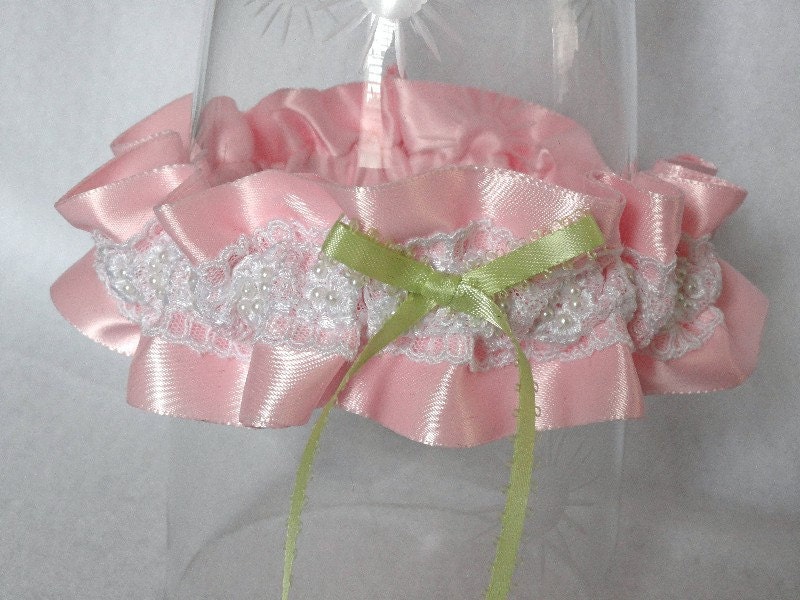 Pink-White and Chartreuse Satin Garter-Pearls and Lace