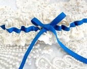 Electric Blue-Antique White Satin-Double Ruffle Hearts Lace Garter