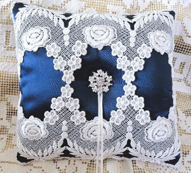 Light Ivory Lace-Deep Blue Victorian  Ring Pillow-OOAK
