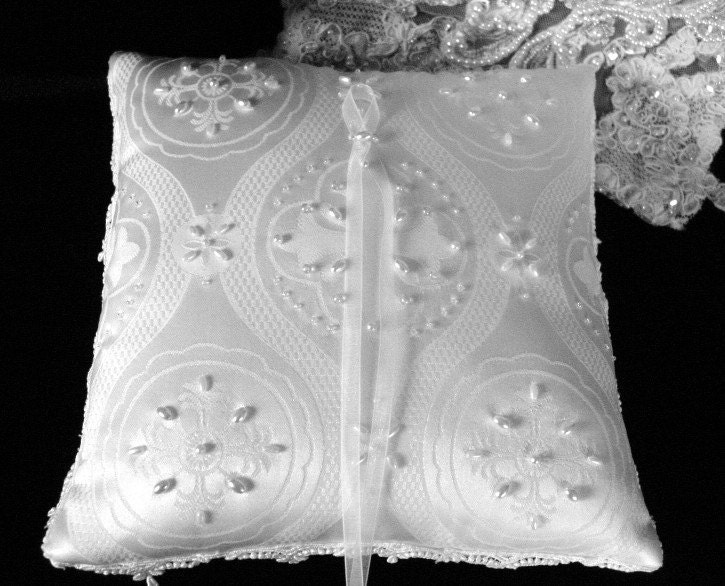 White Beaded Celtic Cross  Ring Pillow-Renaissance--Medieval