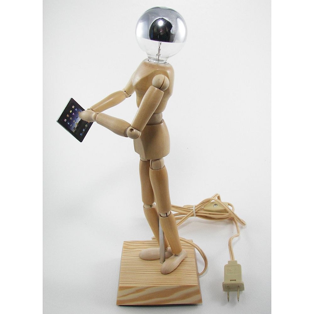 Wood Manikin Figure Lamp with Chrome Light Bulb and iPad