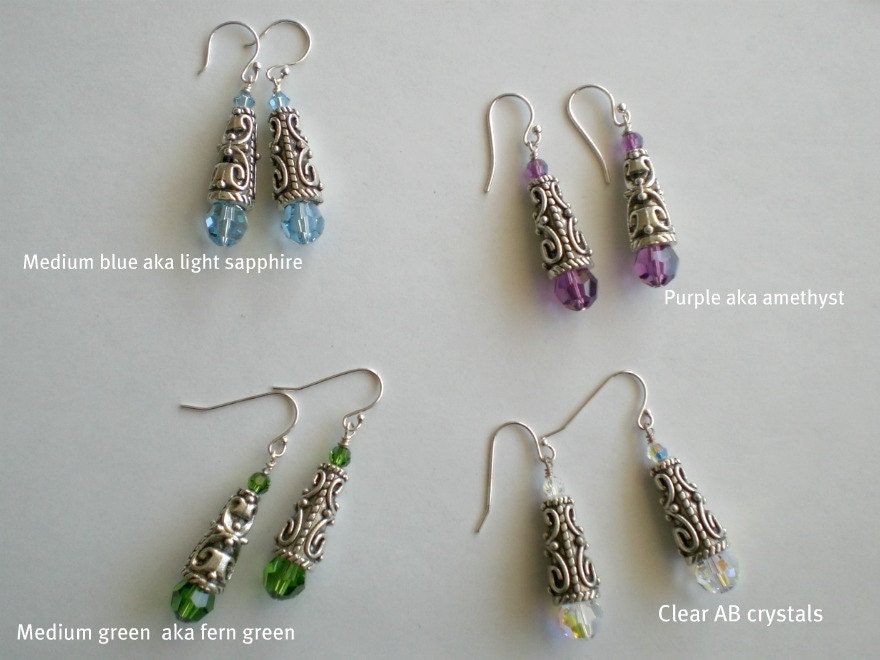 Crystal earrings Swarovski crystals and pewter cones earrings wire wrapped in sterling silver - your choice