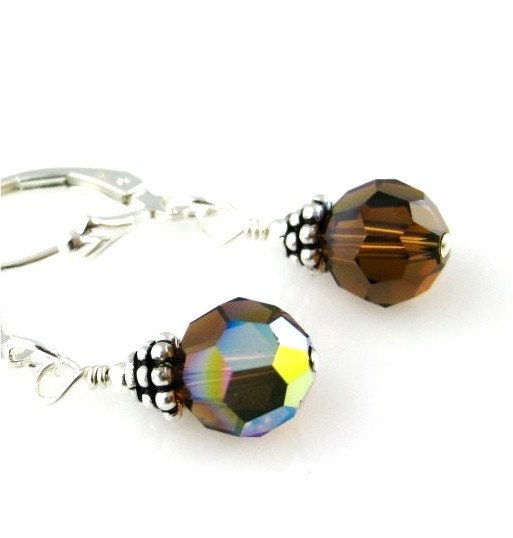 Simply Swarovski Faceted 8mm Round Sterling Silver Leverback Earrings Smoked Topaz Brown AB