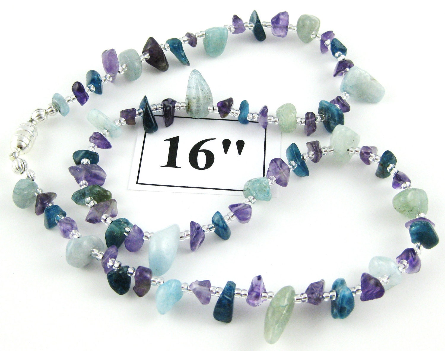 Triple A .... Aquamarine Amethyst and Apatite 16 inch gemstone chip choker with magnetic clasp