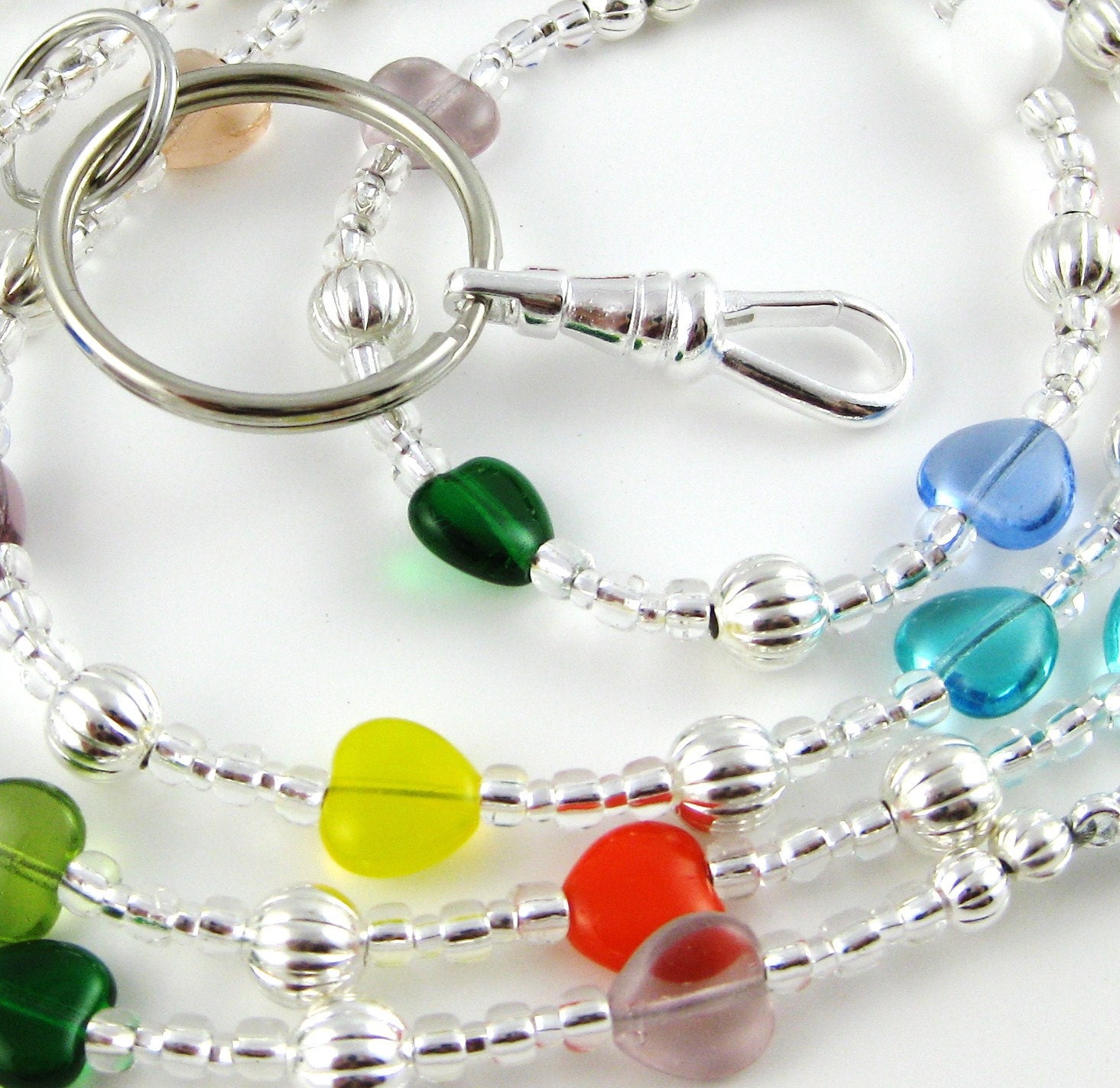 Happy Hearts Multicolor Clear Background Czech Glass Seed Bead Lanyard ... Perfect for ID Badges Glasses Whatever You Desire