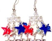 Patriotic Red White and Blue Stars Fringe Earrings with Swarovski Crystals