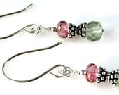 Pink Mystic Topaz and Green Amethyst Triple A Gemstone Sterling Silver French Hook Earrings