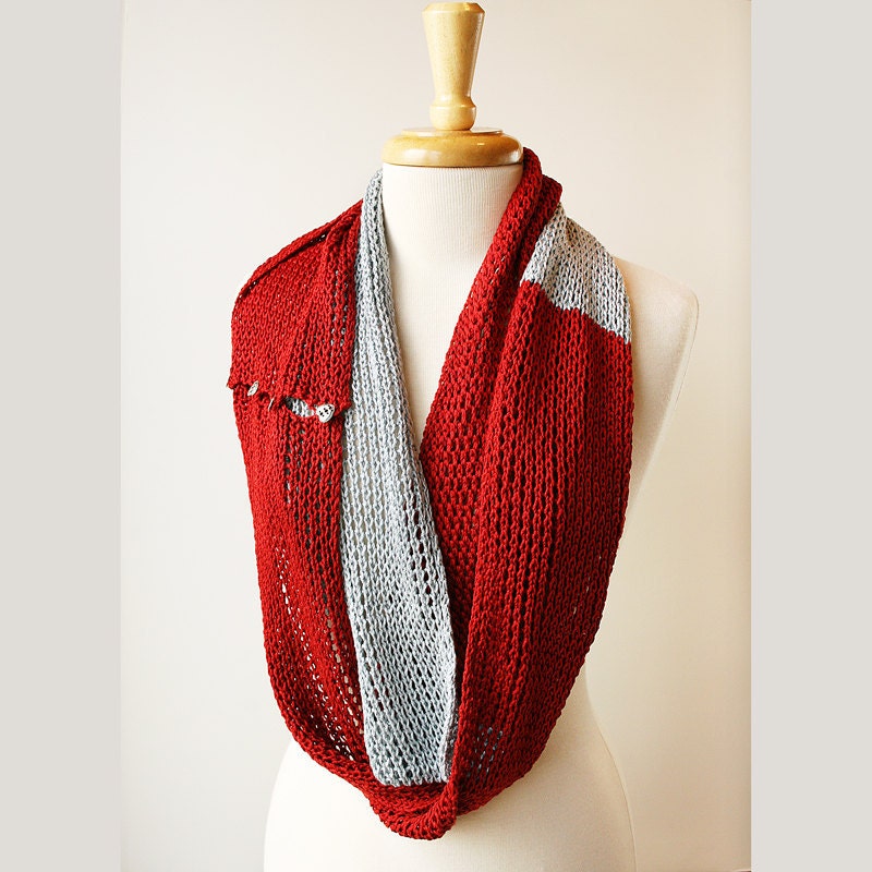 Women Fashion Accessories - Color Block Luxurious Silk Scarf - Infinity Scarf - Red and Silver