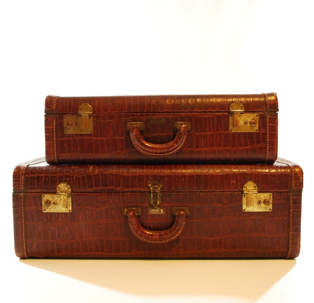 Set of Large Brown Leather Mock Crock Suitcases