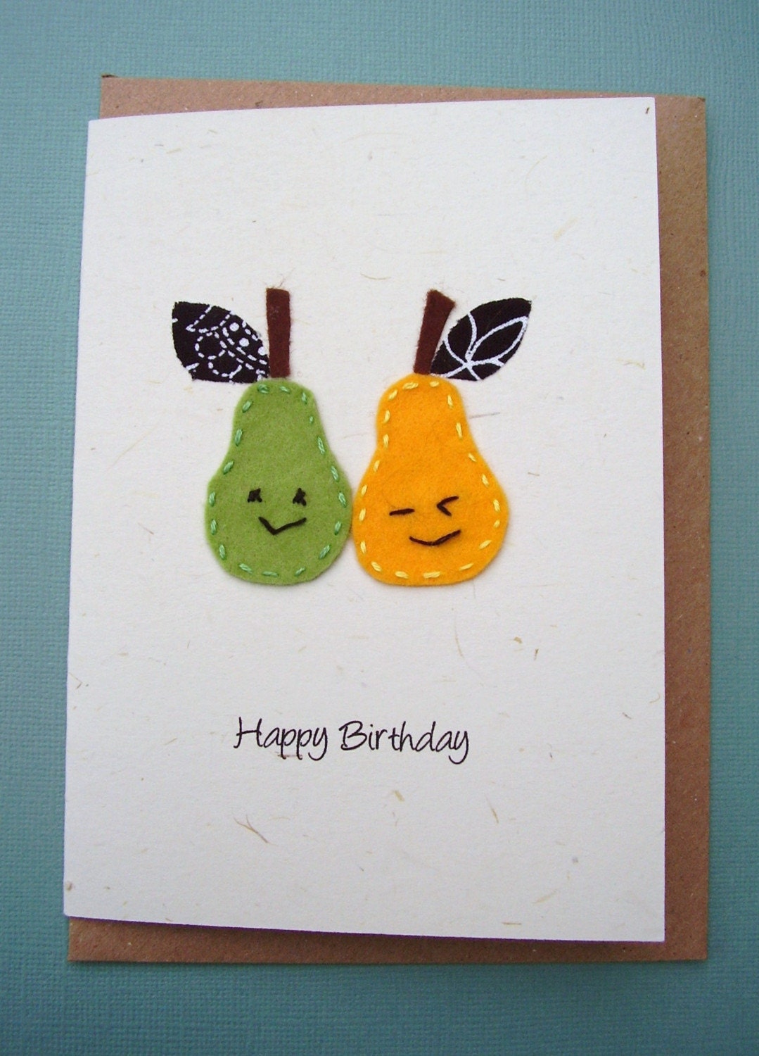 Handmade cheeky pears card - made from felt and recycled material