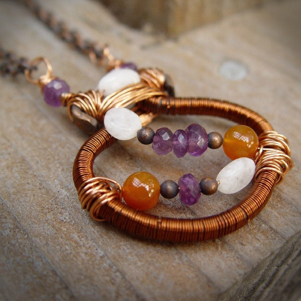 Exuberance wire wrapped copper gemstones necklace