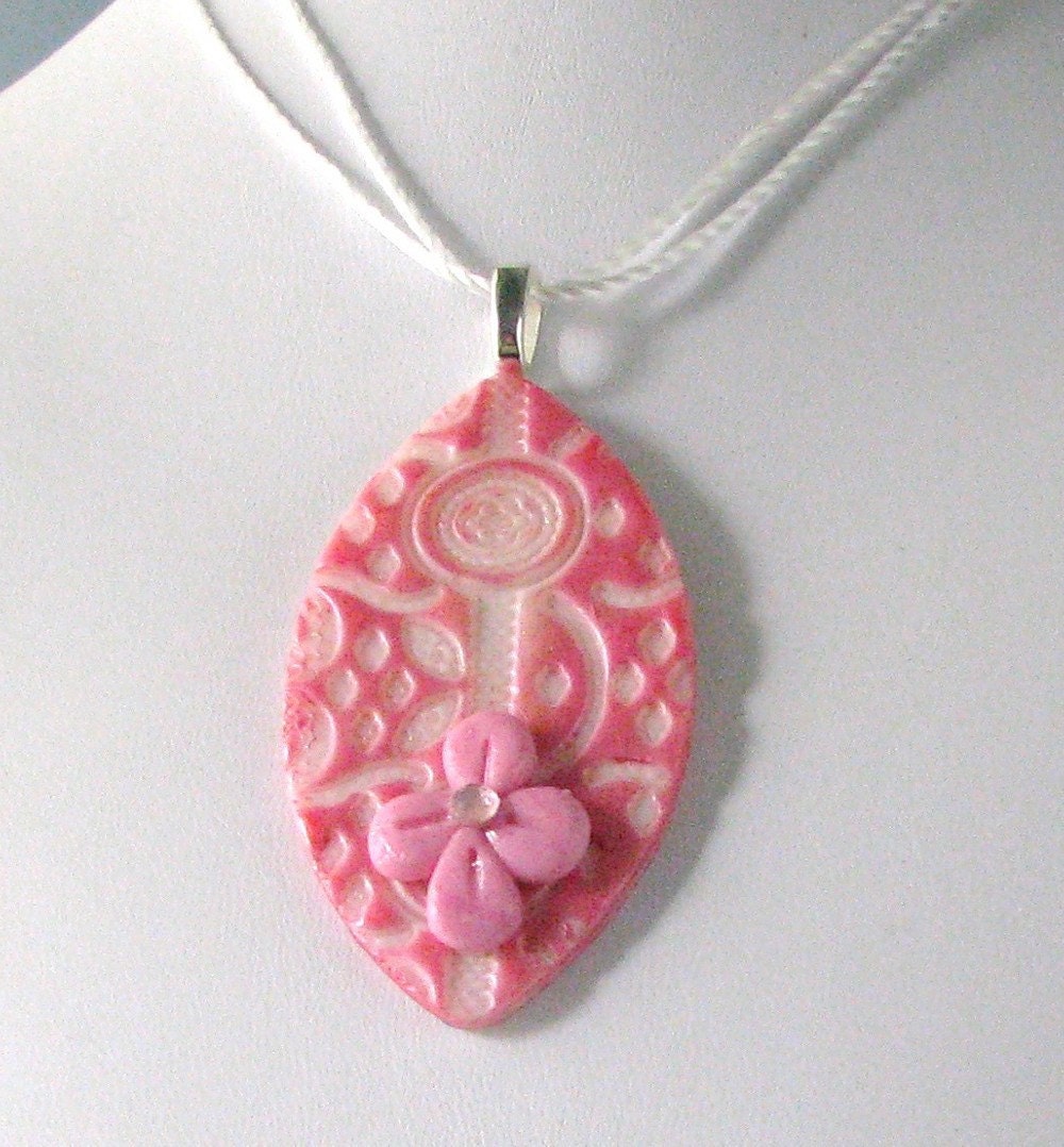 Pink Polymer Clay Pendant with Flower and Crystal