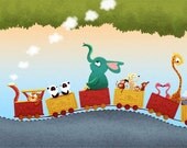 Kids Art, Train Art, Animal Art, Children's, Print for Nursery, Children Decor, Kids Wall Art - "All aboard" - Art Print 13x19